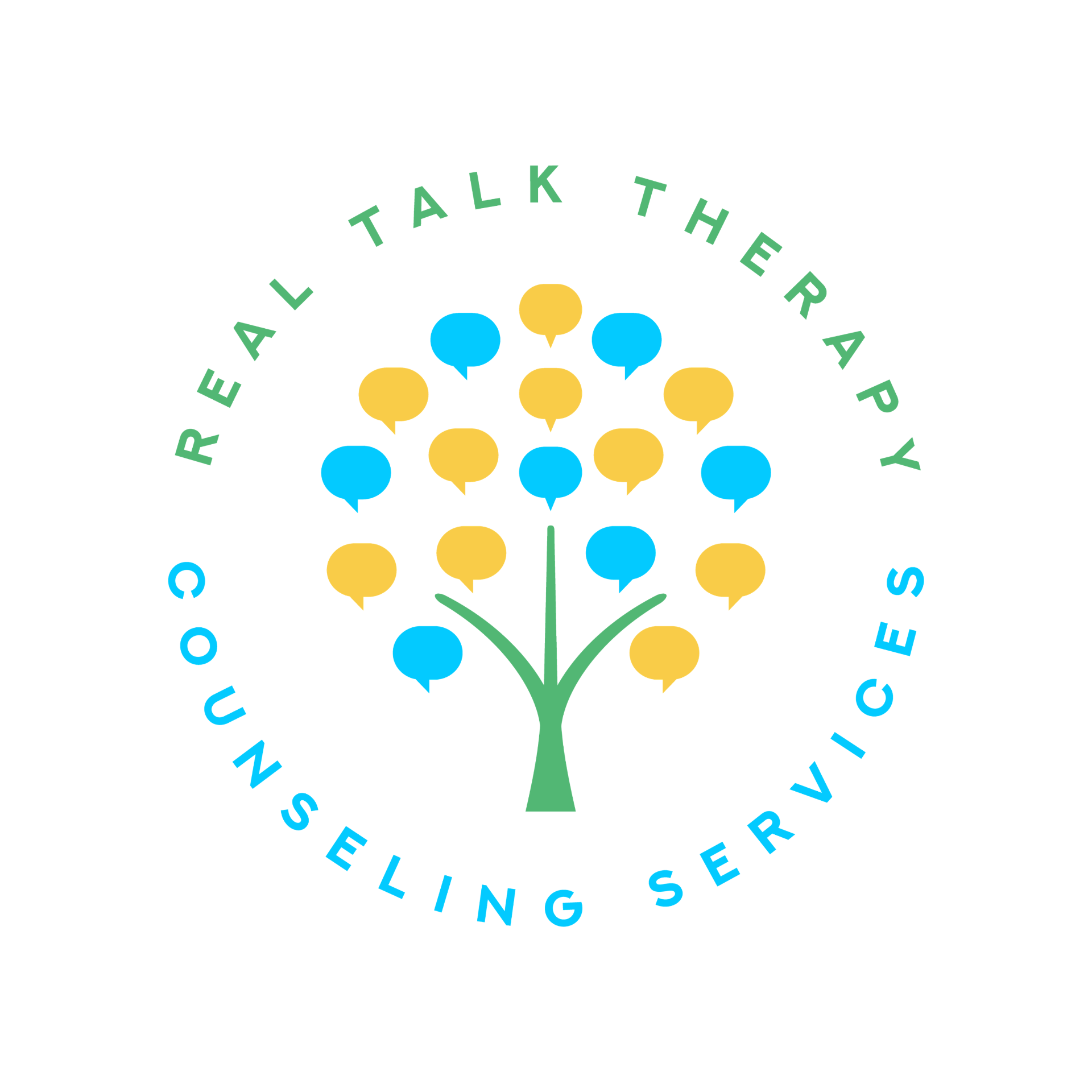 Real Talk Therapy Counseling Services circular logo with a speech-bubble tree