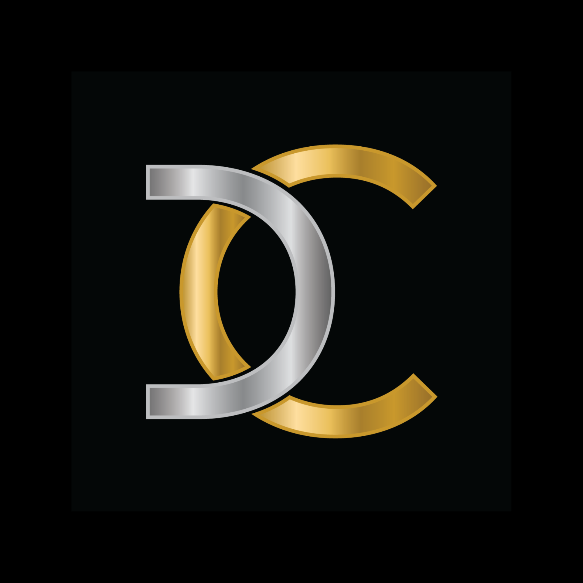 Gold and silver DC monogram logo design on a black background